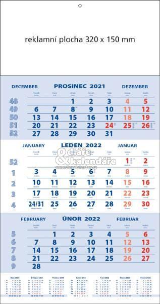 10 ks Tříměsíční nástěnný kalendář modrý STANDARD, 2022