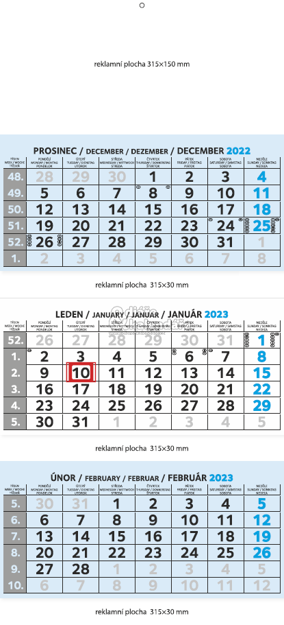 Tříměsíční nástěnný SKLÁDACÍ MAXI kalendář modrý, 2023