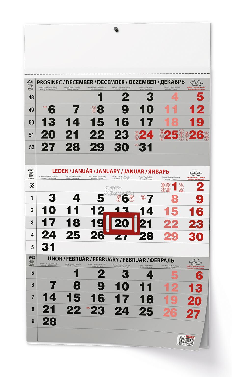 1 ks Tříměsíční nástěnný kalendář šedo-černý s mezinárodními svátky, 2022