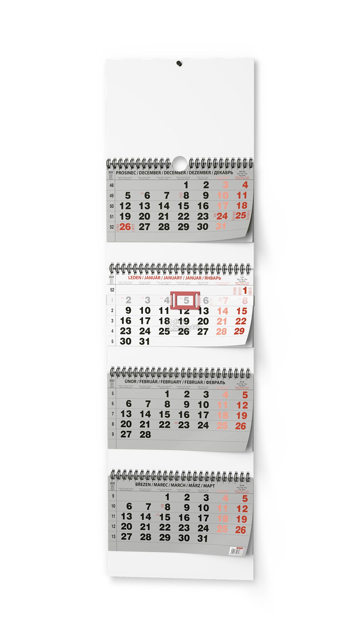 Čtyřměsíční nástěnný SKLÁDANÝ kalendář šedý, 2023