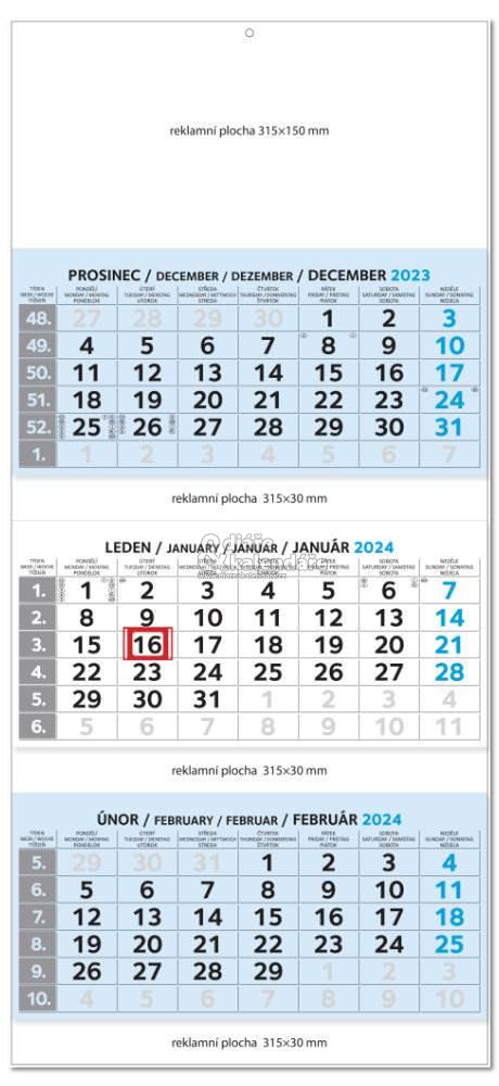 Tříměsíční nástěnný SKLÁDACÍ MAXI kalendář modrý, 2024