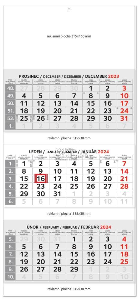 Tříměsíční nástěnný SKLÁDACÍ MAXI kalendář šedý, 2024